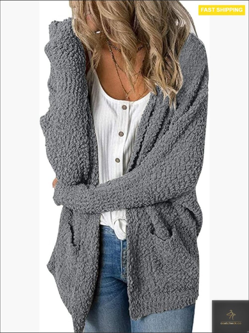 Chunky Knit Open Front Cardigan Sweater with Pockets Cozy Long Sleeve V-Neck